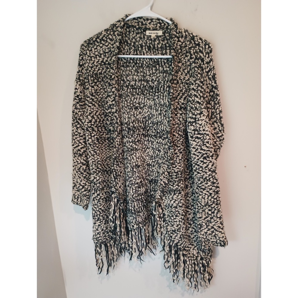 Miracle USA Women S/M Open Front Cardigan Sweater Knit Fringe Wool Blend Boho